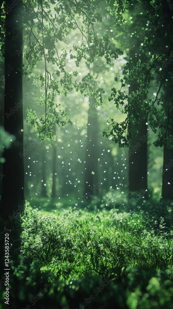 Poster Enchanting green forest with soft light filtering through trees and gentle particles floating in the air
