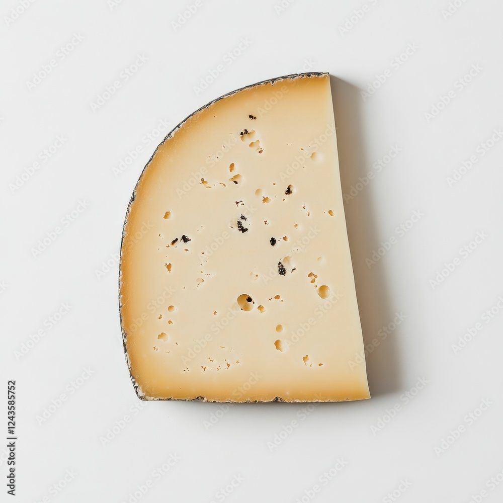 Poster slice of swiss cheese showing characteristic holes and pale color on neutral background