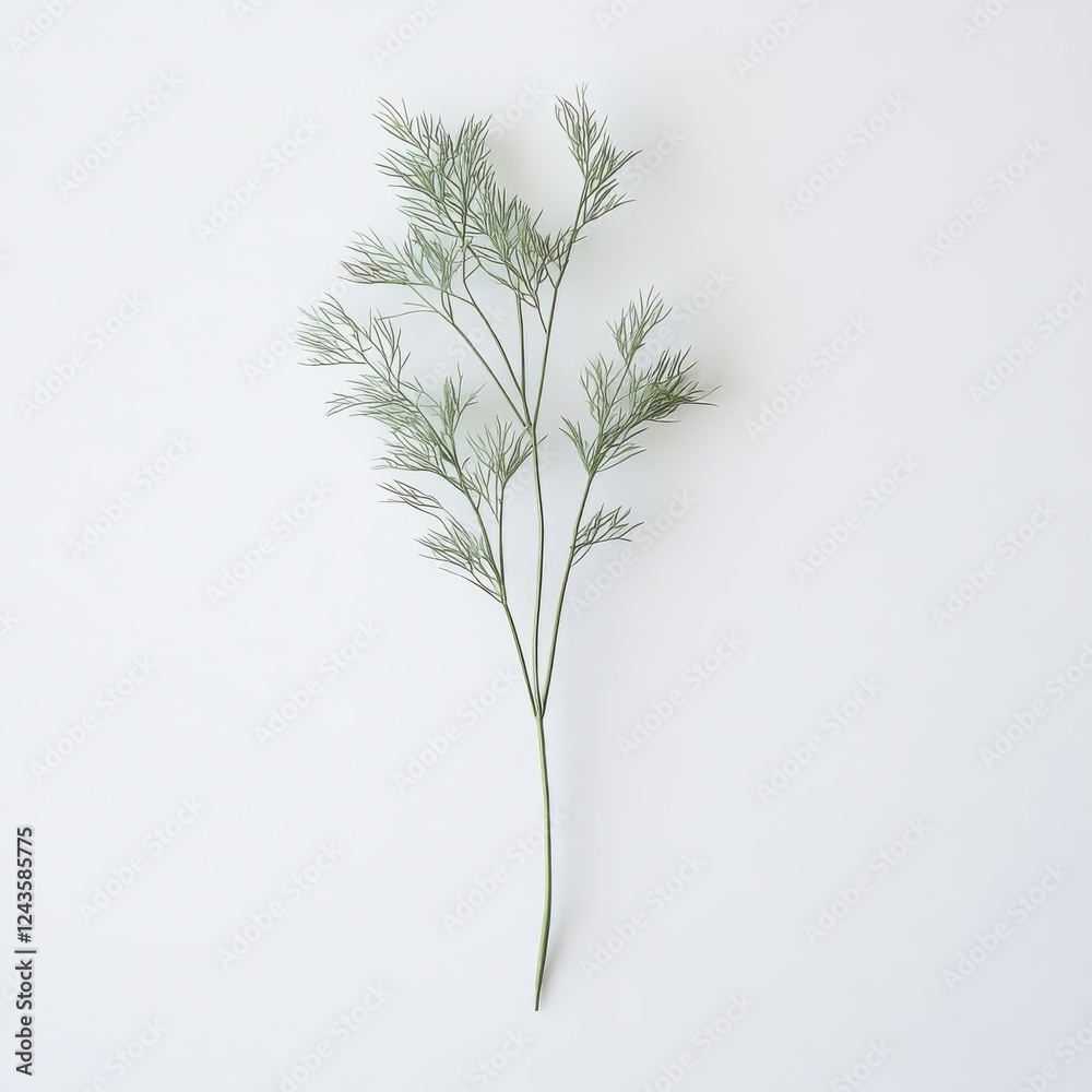 Poster fresh dill sprig with fine feathery leaves positioned against a light background for culinary use