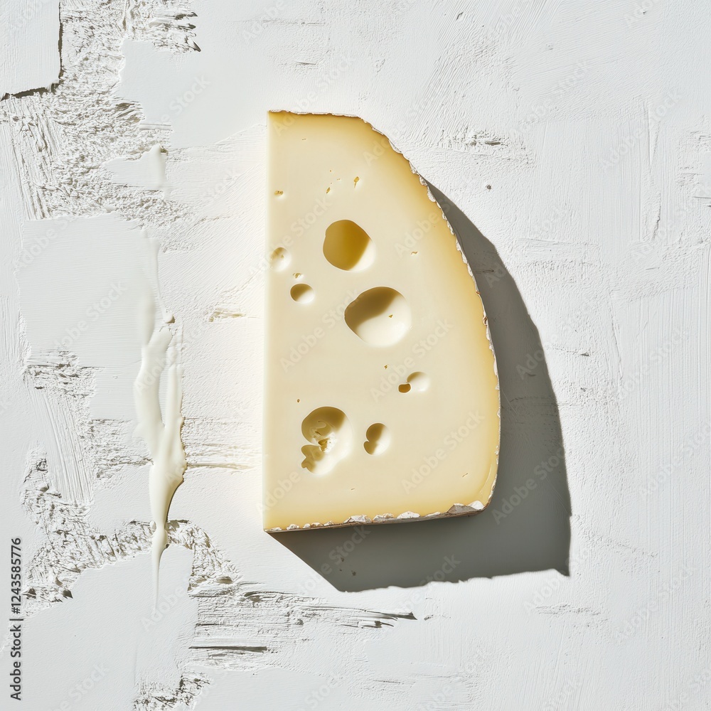 Poster single slice of swiss cheese placed against a textured white background showcasing its unique holes 