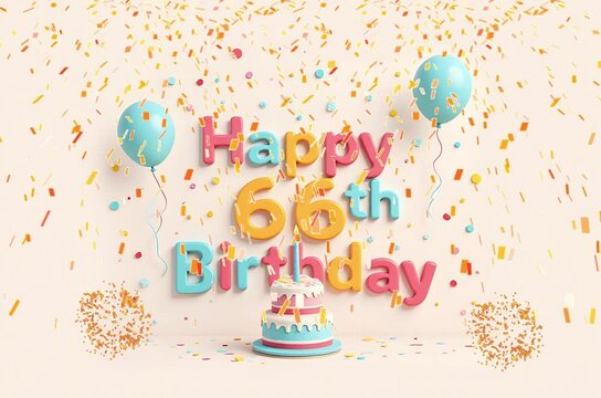 Animated 3D Happy 66th Birthday background video in pastel theme with floating balloons, lit candles, fireworks, and confetti shower