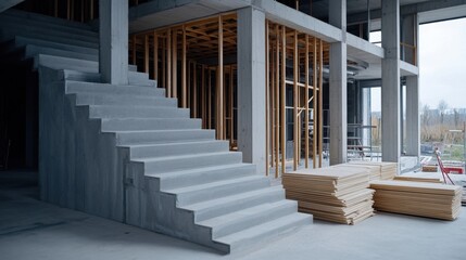 Modern Concrete Staircase in a Construction Site with Wooden Materials and Framework Visible in the Background
