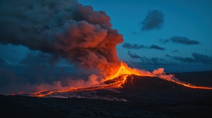 Fototapeta premium Dramatic Eruption of Volcano Amidst Dark Clouds and Flowing Lava