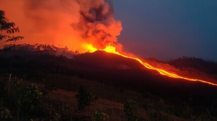 Erupting Volcano at Dusk with Flowing Lava in Dramatic Landscape