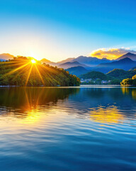 serene lakescape at sunrise with vibrant reflections and mountains