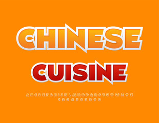 Vector Culinary sign Chinese Cuisine for Menu, Take away, Restaurant. Yellow Travel Font. Sticker style set of Alphabet Letters and Numbers.