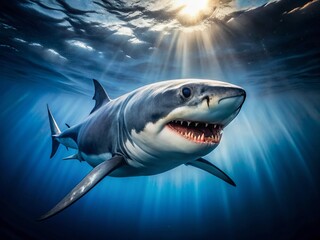 Panoramic Black and White Photo of Great White Shark Swimming with Open Mouth, Bared Teeth, and Wide Eyes