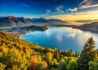 Fototapeta premium Panoramic Bourget Lake View from Aix-les-Bains, France: Stunning High-Resolution Landscape Photography