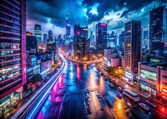 Obraz premium Panoramic City Rainstorm: Dramatic Skyscrapers and Wet Streets