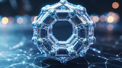 Hydrogen molecule in a futuristic 3D rendering with clear protons and electron orbits, ideal for educational or professional use in chemistry courses, molecular studies, and research.