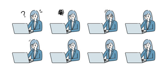 ノートパソコンを操作する女性の表情セット ビジネス