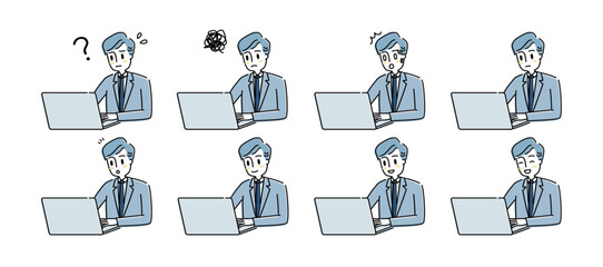 ノートパソコンを操作するビジネスマンの表情セット