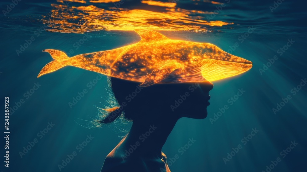 Poster silhouette of a woman merging with a luminous whale in a tranquil underwater setting