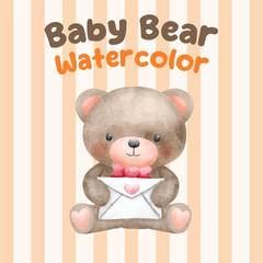 Adorable watercolor illustration of a baby teddy bear sitting and holding a love letter decorated with hearts, set against a pastel striped background. Perfect for Valentine's Day and romantic themes