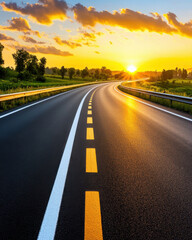 winding highway at sunset, surrounded by lush greenery and dramatic clouds