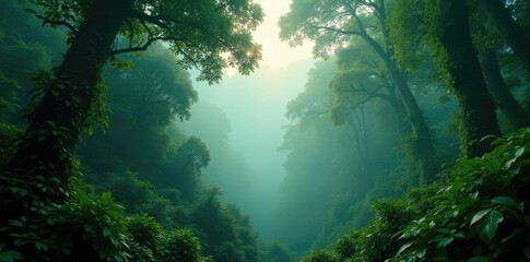 Obraz premium Rainforest canopy veiled in early morning fog, tropical, trees, jungle