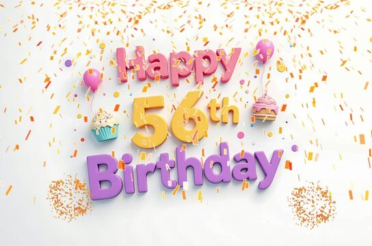 Animated 3D Happy 56th Birthday background video in pastel theme with floating balloons, lit candles, fireworks, and confetti shower