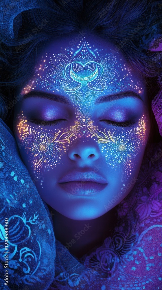 Poster serene portrait of a model's face showcasing vibrant, glowing patterns against a calming backdrop