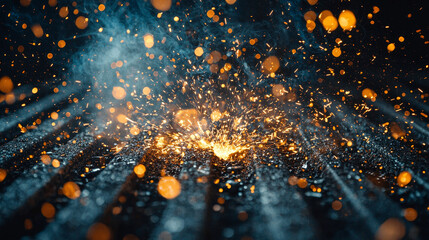 Welding sparks flying during metal joining process, creating
