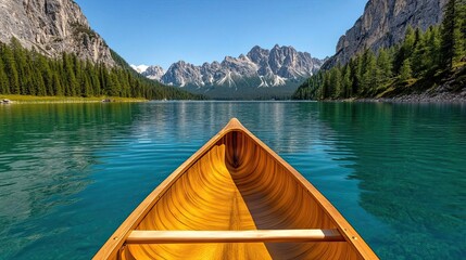 Obraz premium Canoe gliding through calm mountain lake waters.