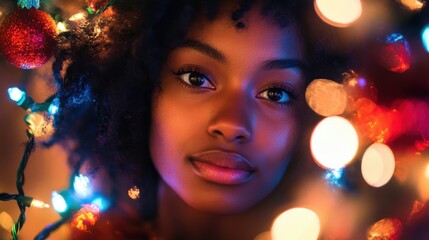 Glowing portrait of a woman surrounded by colorful holiday lights in a warm, intimate setting