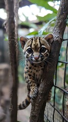 HD Phone Wallpaper Adorable Ocelot Kitten Climbing Tree in Zoo Enclosure Wildlife Photography