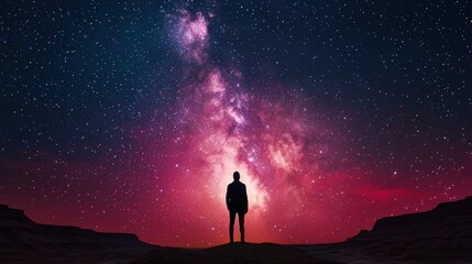 Fototapeta premium Silhouette of a Person Against a Colorful Starry Night Sky
