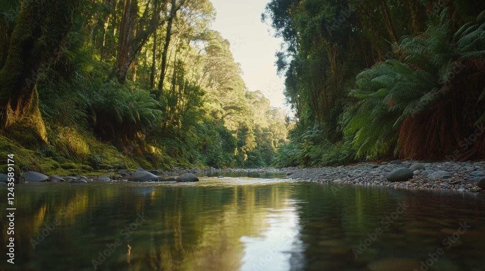 Poster a serene stream flows gently through a lush park, with vibrant green moss on rocks and tall trees mi