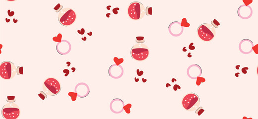 Seamless horizontal pattern with love potion, hearts and ring in hand drawn style. Vector lovely repeat pattern for decoration and print. Cute repetition pattern