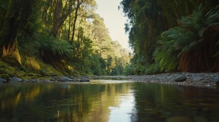Obraz premium A serene stream flows gently through a lush park, with vibrant green moss on rocks and tall trees mirrored in the clear water, creating a peaceful atmosphere