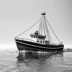Naklejka premium A toy boat black and white on plain white background