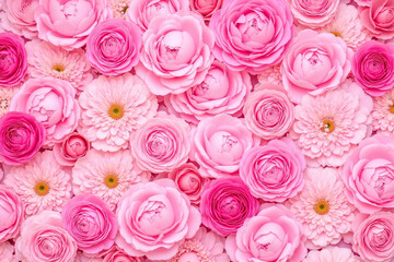 dense vibrant arrangement of pink roses and peonies intertwined