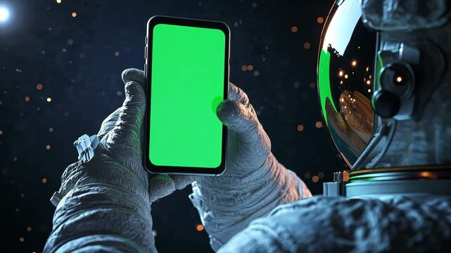 In outer space, an astronaut in a full spacesuit holds a phone with a green screen, symbolizing the future and technological progress.