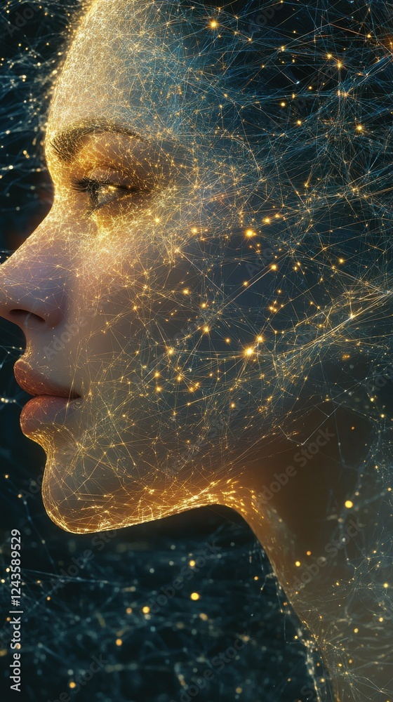 Poster merging serenity of a woman's face with ethereal light and cosmic elements for a dreamlike atmospher