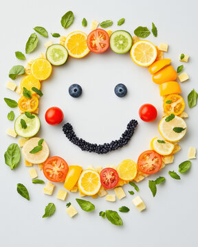 Fresh fruits and vegetables arranged in cheerful smiley face design