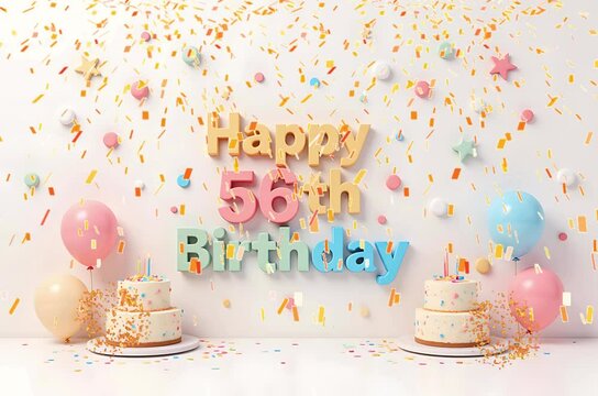 Animated 3D Happy 56th Birthday background video in pastel theme with floating balloons, lit candles, fireworks, and confetti shower