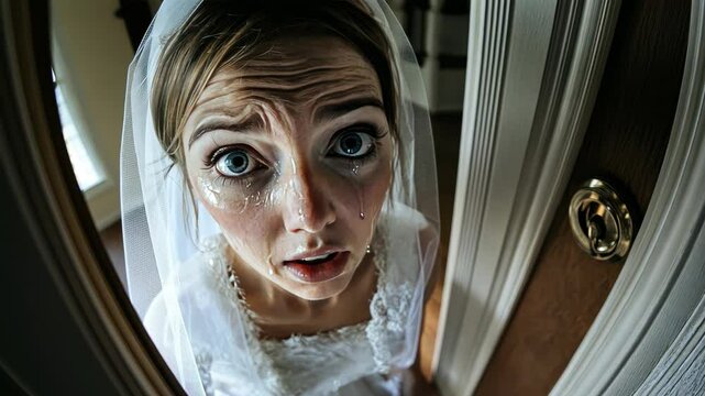A peephole shows a worried bride in a wedding dress and veil, crying and frowning on her wedding day. An emotional and tense scene with a humorous element.