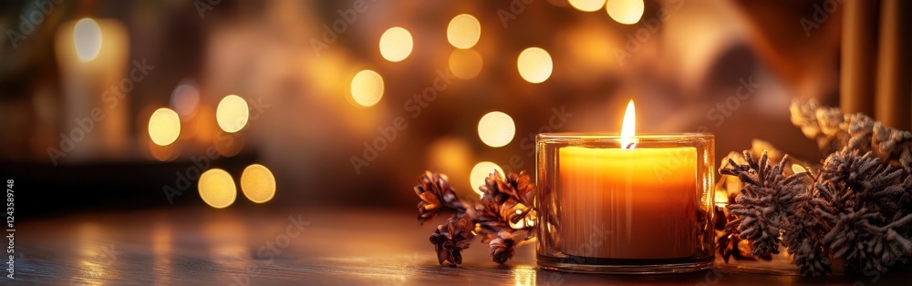 Poster warm candlelight flickers softly amidst rich brown and amber bokeh, creating a cozy atmosphere for r