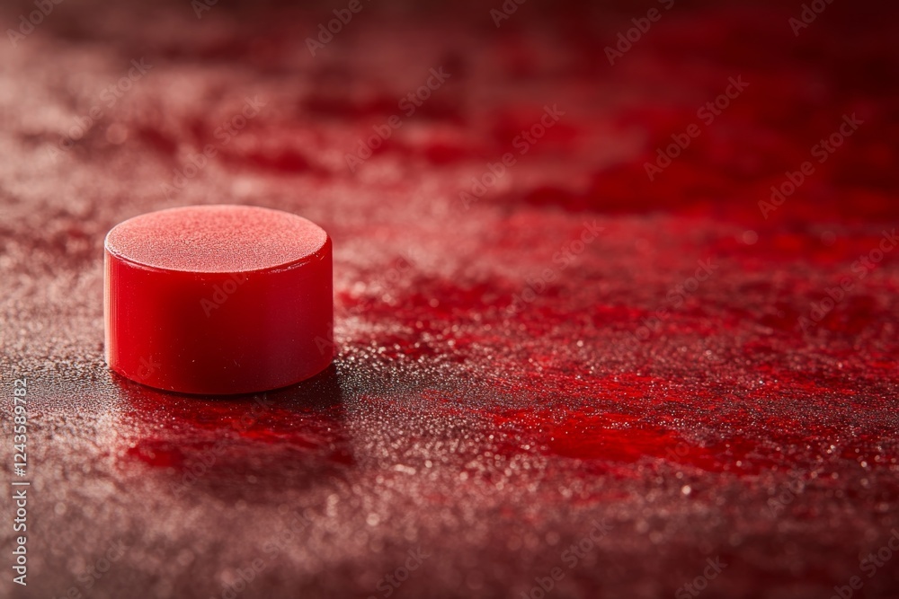 Aufkleber A close-up focuses on a solitary red cylinder resting on a textured red background. Gradients and shadows create visual depth while leaving space for text