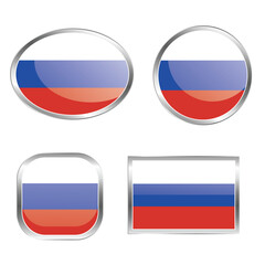 Obraz premium A collection of buttons featuring the Russian flag in various shapes and styles.