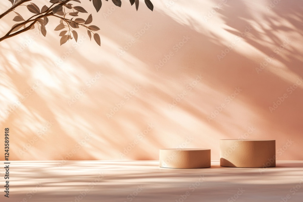 Poster this composition features a single podium in muted earth tones with a serene gradient background. id