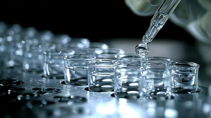 Image of a scientist carefully pipetting a sample into a well of a multi-well tray, emphasizing the technical skill required for accurate sample handling and laboratory procedures.