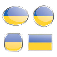 Four glossy buttons featuring the colors of the Ukrainian flag in various shapes.