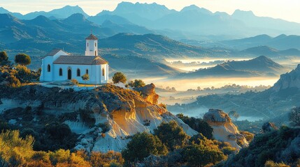 Serene mountain landscape at dawn featuring a quaint church on a hill with misty valleys and distant peaks in the background