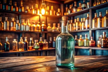 Panoramic View: Glass Bottle with Cork Stopper on Wooden Countertop, Surrounded by Shelves of Bottles