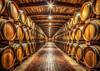 Panoramic View of Aged Alcoholic Spirits in Oak Barrels at Distillery