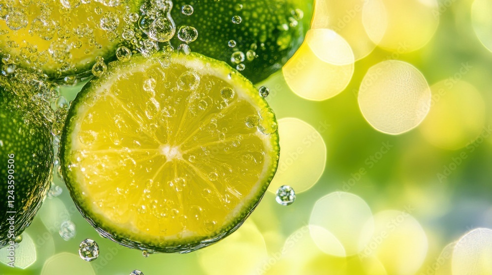 Poster vibrant lime green slices create refreshing bursts of flavor amidst a bubbly backdrop of sunshine an