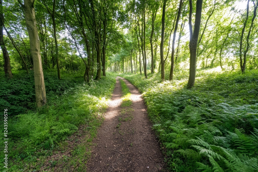 Poster a secluded pathway meanders through a dense forest, where sunlight breaks through the foliage, creat