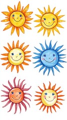 Happy Smiling Sun Faces Collection - A cheerful set of six smiling suns in various colors, symbolizing joy, warmth, happiness, optimism, and summer.