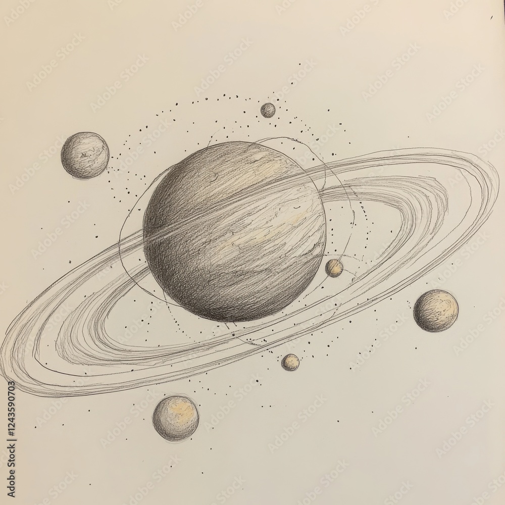 Poster pencil sketch showcasing a detailed model of the solar system with planets and rings